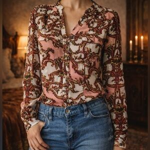 Candies Pink White Paisley Button Down Sheer Blouse Size Medium